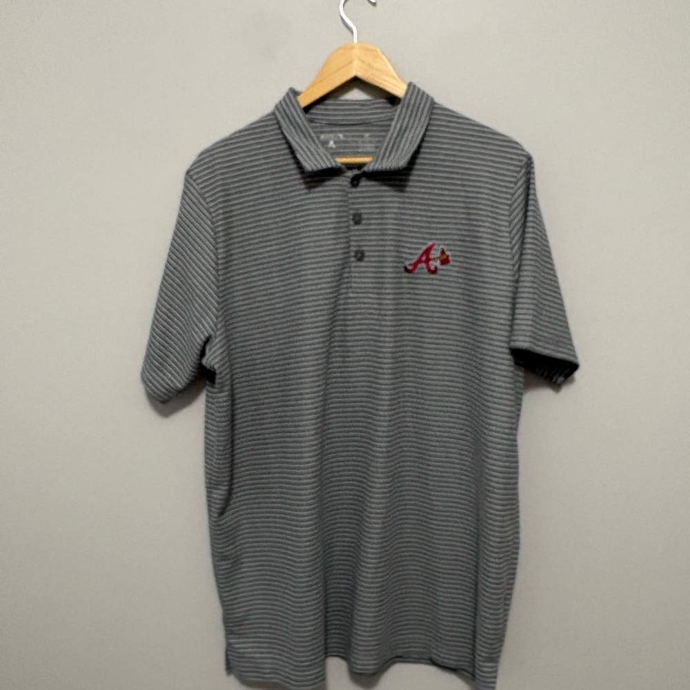 Atlanta Braves Baseball Gray Striped Polo Shirt Red Embroidered Logo